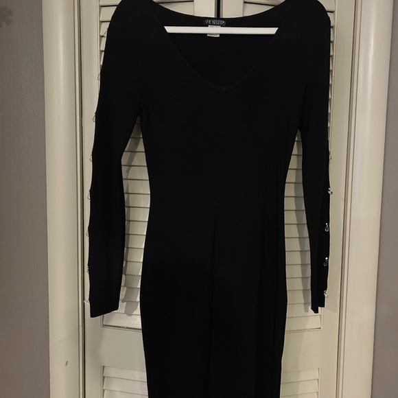 NWOT Venus Black Sheath Dress with full sleeve peep holes and teardrop crystals - Picture 1 of 6